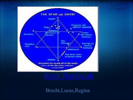 Rosh Hashanah Brecht,Lucas,Regina. What Is Rosh Hashanah? Rosh Hashanah is the start of the New Year.The begnning of Rosh Hashanah is at sundown at the.