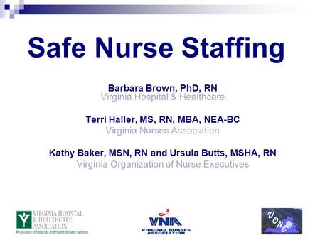 Safe Nurse Staffing Barbara Brown, PhD, RN Virginia Hospital & Healthcare Terri Haller, MS, RN, MBA, NEA-BC Virginia Nurses Association Kathy Baker, MSN,