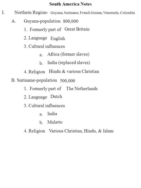South America Notes I.Northern Region- A.Guyana-population 1. Formerly part of 2. Language 3. Cultural influences a. b. 4. Religion B. Suriname-population.