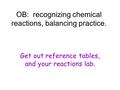 OB: recognizing chemical reactions, balancing practice. Get out reference tables, and your reactions lab.