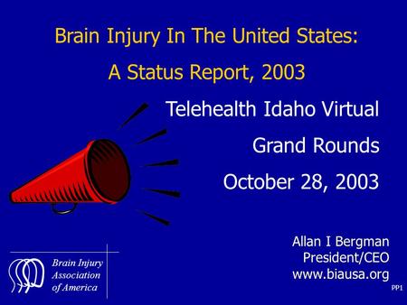 PP1 Brain Injury Association of America Brain Injury In The United States: A Status Report, 2003 Telehealth Idaho Virtual Grand Rounds October 28, 2003.