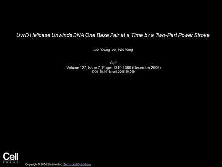 UvrD Helicase Unwinds DNA One Base Pair at a Time by a Two-Part Power Stroke Jae Young Lee, Wei Yang Cell Volume 127, Issue 7, Pages 1349-1360 (December.