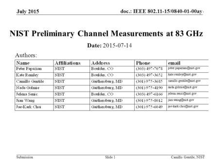 Submission doc.: IEEE 802.11-14/xxxxr0 July 2015 Camillo Gentile, NISTSlide 1 NIST Preliminary Channel Measurements at 83 GHz Date: 2015-07-14 Authors: