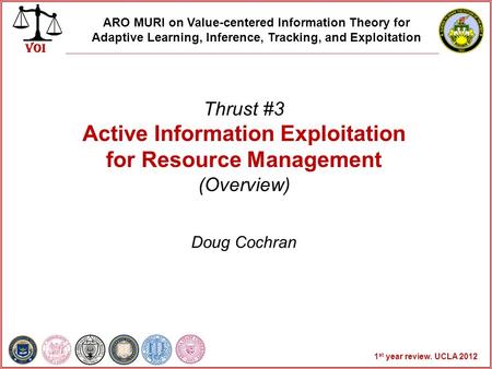 Value of Information 1 st year review. UCLA 2012 Kickoff VOI Kickoff ARO MURI on Value-centered Information Theory for Adaptive Learning, Inference, Tracking,