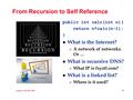 Compsci 100, Fall 2009 5.1 From Recursion to Self Reference public int calc(int n){ return n*calc(n-1); } l What is the Internet?  A network of networks.