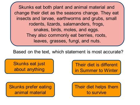 Skunks eat both plant and animal material and change their diet as the seasons change. They eat insects and larvae, earthworms and grubs, small rodents,