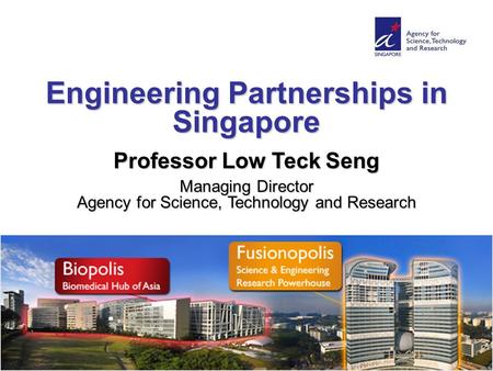 Engineering Partnerships in Singapore Professor Low Teck Seng Managing Director Agency for Science, Technology and Research.