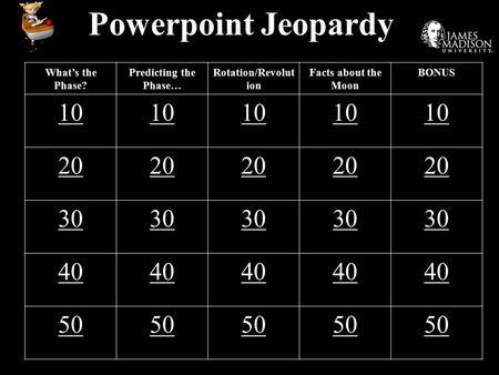 Powerpoint Jeopardy What’s the Phase? Predicting the Phase… Rotation/Revolut ion Facts about the Moon BONUS 10 20 30 40 50.