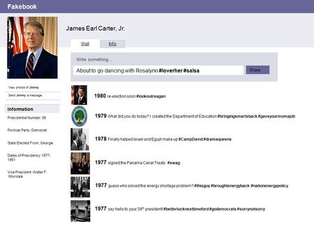 Fakebook James Earl Carter, Jr. View photos of Jimmy Send Jimmy a message Wall Info About to go dancing with Rosalynn #loverher #salsa Write something…