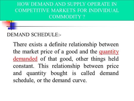 HOW DEMAND AND SUPPLY OPERATE IN COMPETITIVE MARKETS FOR INDIVIDUAL COMMODITY ? DEMAND SCHEDULE:- There exists a definite relationship between the market.