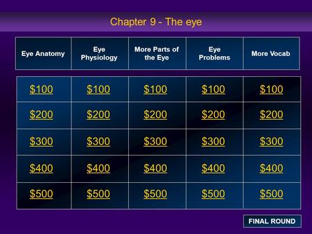 Chapter 9 - The eye $100 $200 $300 $400 $500 $100$100$100 $200 $300 $400 $500 Eye Anatomy Eye Physiology More Parts of the Eye Eye Problems More Vocab.