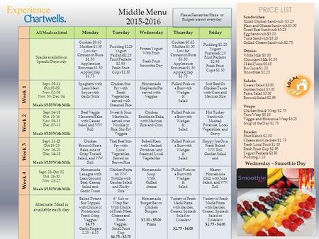 PRICE LIST Middle Menu 2015-2016 All Meals as listed MondayTuesdayWednesdayThursdayFriday Snacks available on Specific Days only Cookies $0.65 Muffins.