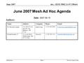 Doc.: IEEE P802.11-07/1984r6 Submission June 2007 Steven Conner, IntelSlide 1 June 2007 Mesh Ad Hoc Agenda Date: 2007-06-15 Authors: NameAddressCompanyPhoneEmail.