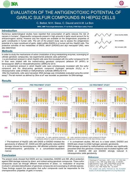 EVALUATION OF THE ANTIGENOTOXIC POTENTIAL OF GARLIC SULFUR COMPOUNDS IN HEPG2 CELLS C. Belloir, M.H. Siess, C. Daurat and A.M. Le Bon INRA, UMR Toxicologie.