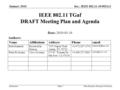 Doc.: IEEE 802.11-10/0021r3 Submission January 2010 Rich Kennedy, Research In MotionSlide 1 IEEE 802.11 TGaf DRAFT Meeting Plan and Agenda Date: 2010-01-18.