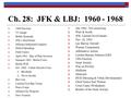 Ch. 28: JFK & LBJ: 1960 - 1968  1960 Election  TV Image  Bobby Kennedy  JFK’s Drawbacks  Military-Industrial Complex  Deficit Spending  Fidel Castro.