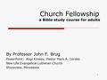 1 Church Fellowship a Bible study course for adults By Professor John F. Brug PowerPoint: Angi Kinsley, Pastor Mark A. Cordes New Life Evangelical Lutheran.