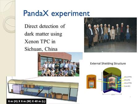 PandaX experiment Direct detection of dark matter using Xenon TPC in Sichuan, China.