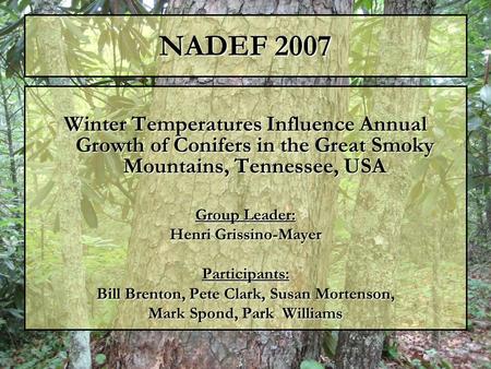 NADEF 2007 Winter Temperatures Influence Annual Growth of Conifers in the Great Smoky Mountains, Tennessee, USA Group Leader: Henri Grissino-Mayer Participants: