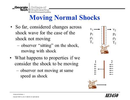 Moving Normal Shocks -1 School of Aerospace Engineering Copyright © 2001 by Jerry M. Seitzman. All rights reserved. AE3450 Moving Normal Shocks So far,