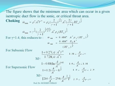 The figure shows that the minimum area which can occur in a given isentropic duct flow is the sonic, or critical throat area. Choking For γ=1.4, this reduces.