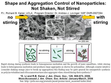 With stirring *D. Li and R.B. Kaner J. Am. Chem. Soc., 128, 968-975, 2006. no stirring Most-Accessed J. Am. Chem. Soc. Article: January-March, 2006 Rapid.