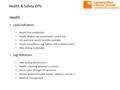 Health & Safety KPIs Health Lead Indicators Health Plan established Health related risk assessments carried out Occupational Health facilities available.