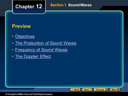 © Houghton Mifflin Harcourt Publishing Company Preview Objectives The Production of Sound Waves Frequency of Sound Waves The Doppler Effect Chapter 12.