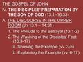 THE GOSPEL OF JOHN IV. THE DISCIPLES’ PREPARATION BY THE SON OF GOD (13:1–16:33) A. THE DISCOURSE IN THE UPPER ROOM (Jn 13:1 – 14:31) 1. The Prelude to.