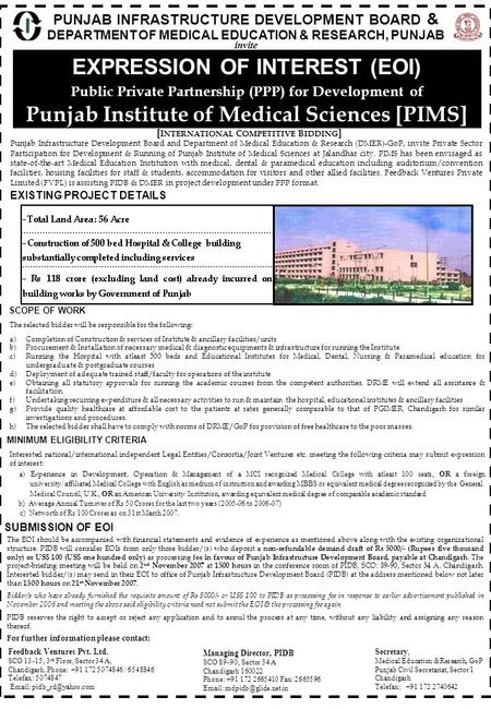 PUNJAB INFRASTRUCTURE DEVELOPMENT BOARD & DEPARTMENT OF MEDICAL EDUCATION & RESEARCH, PUNJAB EXPRESSION OF INTEREST (EOI) Public Private Partnership (PPP)