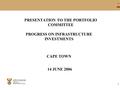 1 PRESENTATION TO THE PORTFOLIO COMMITTEE PROGRESS ON INFRASTRUCTURE INVESTMENTS CAPE TOWN 14 JUNE 2006.