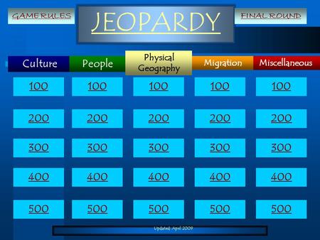 Updated: April 2009 JEOPARDY Culture Miscellaneous Physical Geography Migration People 100 200 300 400 500 100 200 300 400 500 GAME RULESFINAL ROUND.