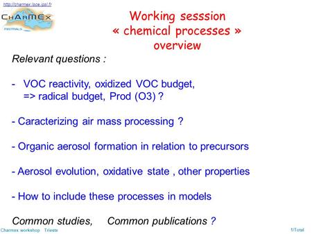 Charmex workshop Trieste 1/Total  Working sesssion « chemical processes » overview Relevant questions : -VOC reactivity, oxidized.