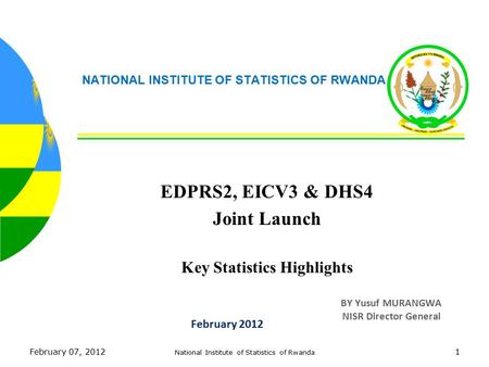 February 07, 2012 National Institute of Statistics of Rwanda 1 NATIONAL INSTITUTE OF STATISTICS OF RWANDA EDPRS2, EICV3 & DHS4 Joint Launch Key Statistics.