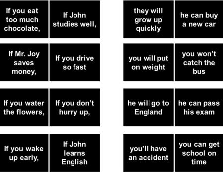 If John studies well, they will grow up quickly he can buy a new car If Mr. Joy saves money, If you drive so fast you will put on weight you won’t catch.