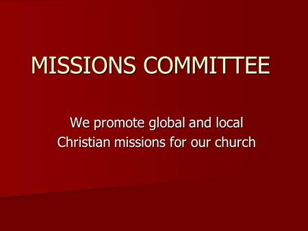 MISSIONS COMMITTEE We promote global and local Christian missions for our church.