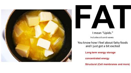 FAT I mean “Lipids.” You know how I feel about fatty foods and I just got a bit excited Long term energy storage concentrated energy Structural (Cell.