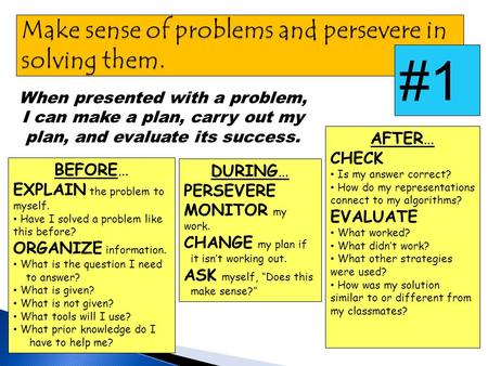 When presented with a problem, I can make a plan, carry out my plan, and evaluate its success. BEFORE… EXPLAIN the problem to myself. Have I solved a problem.