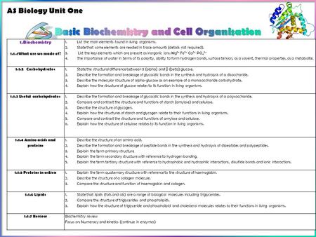 1.Biochemistry 1.1.1What are we made of? 1.List the main elements found in living organisms. 2.State that some elements are needed in trace amounts (details.