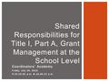 Coordinators’ Academy Friday, July 24, 2015 9:15-10:30 a.m. & 10:45-12 p.m. Shared Responsibilities for Title I, Part A, Grant Management at the School.