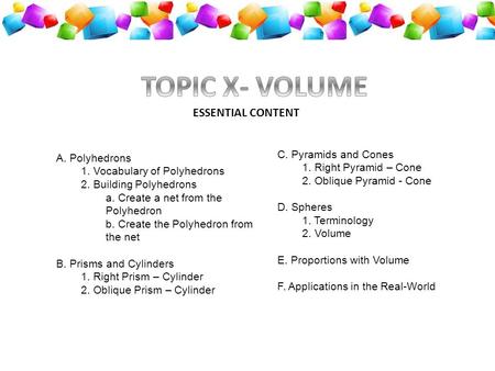 A. Polyhedrons 1. Vocabulary of Polyhedrons 2. Building Polyhedrons a. Create a net from the Polyhedron b. Create the Polyhedron from the net B. Prisms.