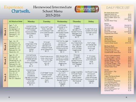 DAILY PRICE LIST Hernewood Intermediate School Menu 2015-2016 All Meals as listed MondayTuesdayWednesdayThursdayFriday Week 1 Sept. 7 – 11 October 5 –