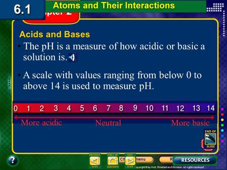 Copyright © by Holt, Rinehart and Winston. All rights reserved. ResourcesChapter menu Section 3 Water and Solutions Chapter 2 Acids and Bases Section.