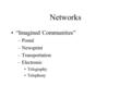 Networks “Imagined Communities” –Postal –Newsprint –Transportation –Electronic Telegraphy Telephony.