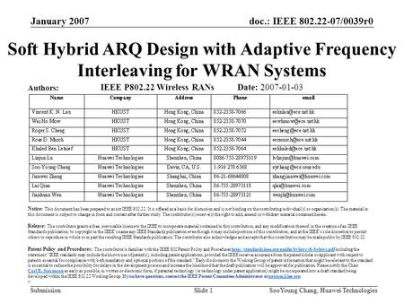 Doc.: IEEE 802.22-07/0039r0 Submission January 2007 SooYoung Chang, Huawei TechnologiesSlide 1 IEEE P802.22 Wireless RANs Date: 2007-01-03 Authors: Soft.