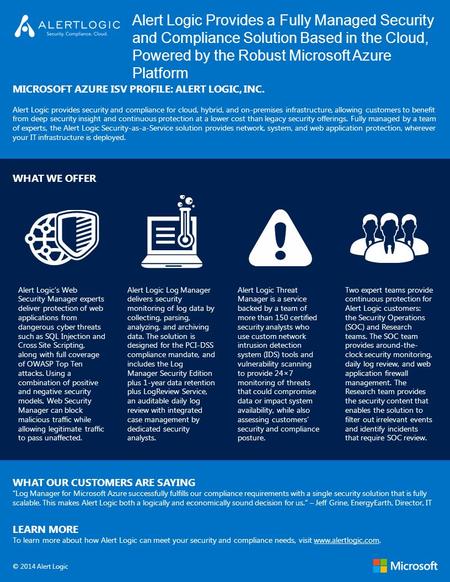 Alert Logic Provides a Fully Managed Security and Compliance Solution Based in the Cloud, Powered by the Robust Microsoft Azure Platform MICROSOFT AZURE.