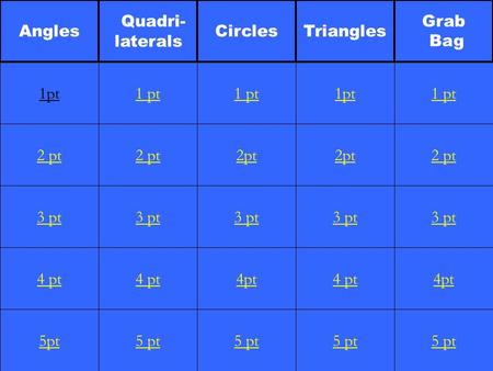 2 pt 3 pt 4 pt 5pt 1 pt 2 pt 3 pt 4 pt 5 pt 1 pt 2pt 3 pt 4pt 5 pt 1pt 2pt 3 pt 4 pt 5 pt 1 pt 2 pt 3 pt 4pt 5 pt 1pt Angles Quadri- laterals CirclesTriangles.