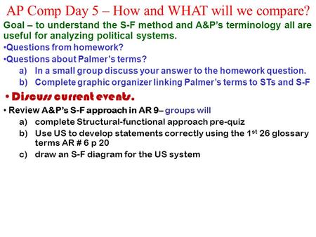 Goal – to understand the S-F method and A&P’s terminology all are useful for analyzing political systems. Questions from homework? Questions about Palmer’s.