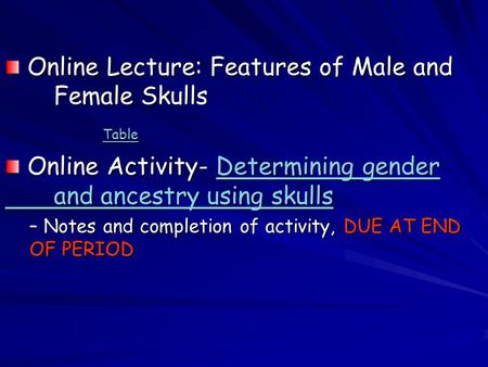 Online Lecture: Features of Male and Female Skulls Online Lecture: Features of Male and Female Skulls Table Online Activity- Determining gender and ancestry.