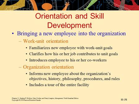 Chapter 11, Stephen P. Robbins, Mary Coulter, and Nancy Langton, Management, Ninth Canadian Edition Copyright © 2009 Pearson Education Canada 11-31 Orientation.